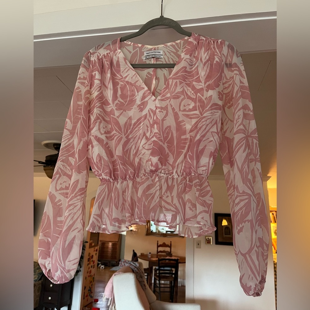 Urban Outfitters Sheer Pink Leaf Print Peplum Blouse